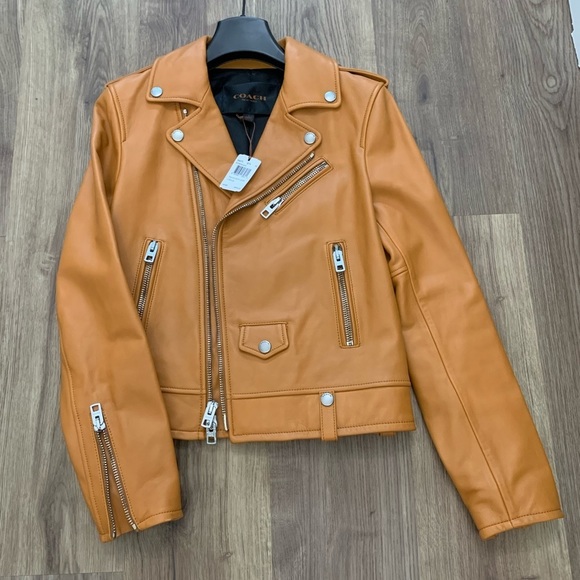 NWT Coach, leather moto jacket, butterscotch, size 2 - Picture 1 of 11
